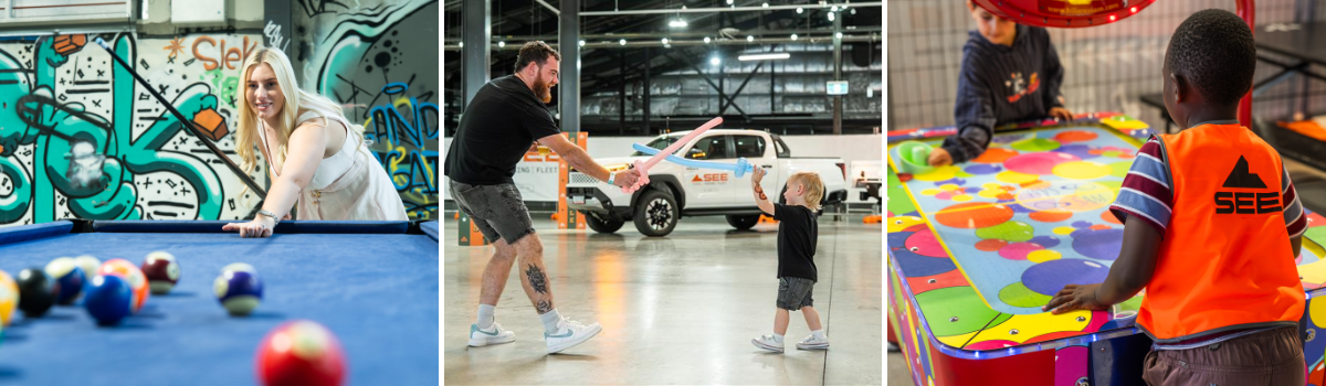 SEE Day Out: a guest playing pool, an adult and child playing ball beside SEE utes, and a child at an arcade game.